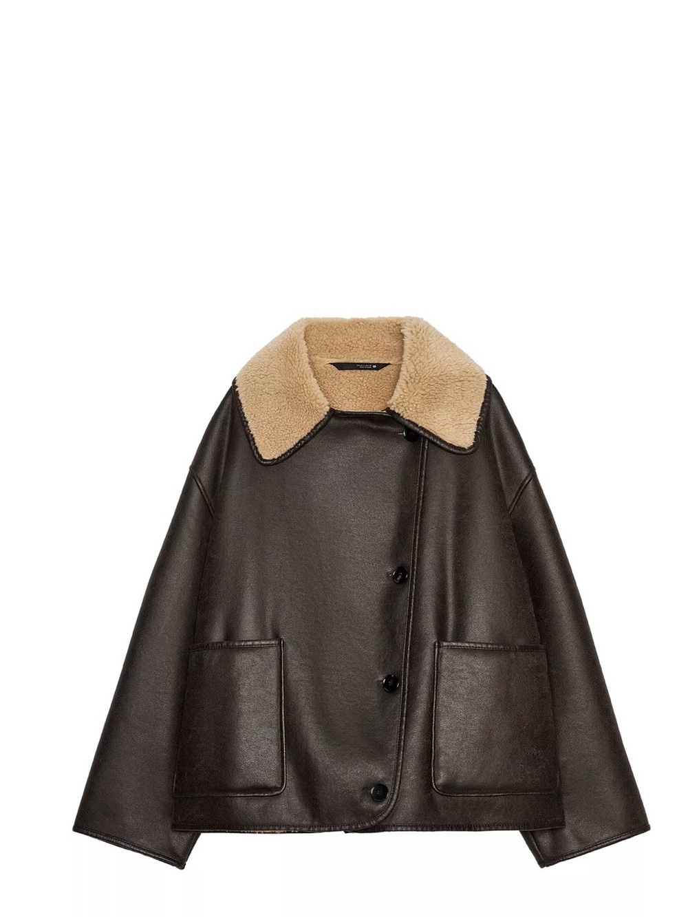 Zara Women’s Faux-Leather Teddy Shearling Collar Jacket Dark Brown size medium